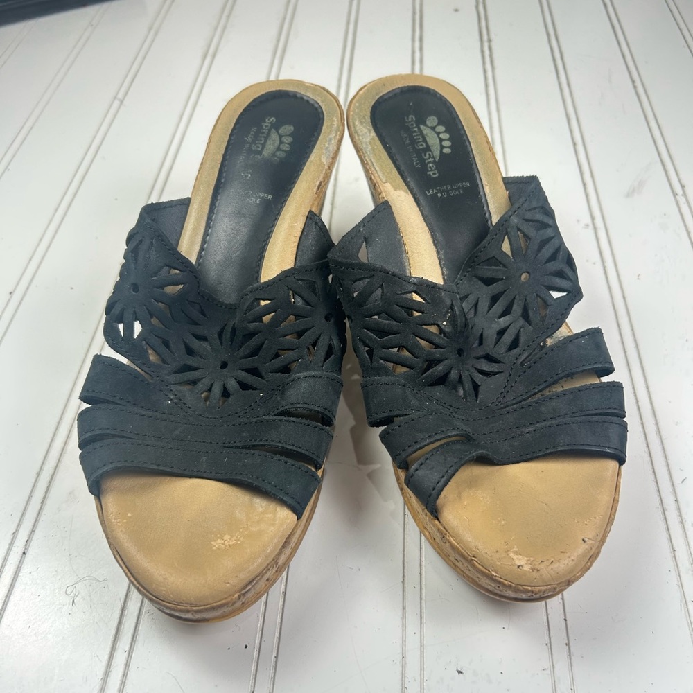 Spring Step Dora Black Leather Cork Wedge Platform Sandals Women’s Size EU 39 8 - Picture 3 of 13